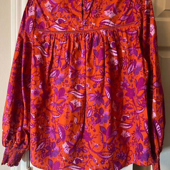 NWT Women's Orange with Purple Flowers Floral Long Sleeve Top Blouse - Small - Picture 2 of 2